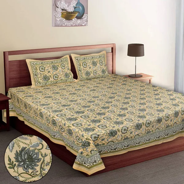 Yellow_Cotton_Royal_Blossom_Empire_Double_Bedsheet_With_Pillow_Cover_108_X_108_Cm
